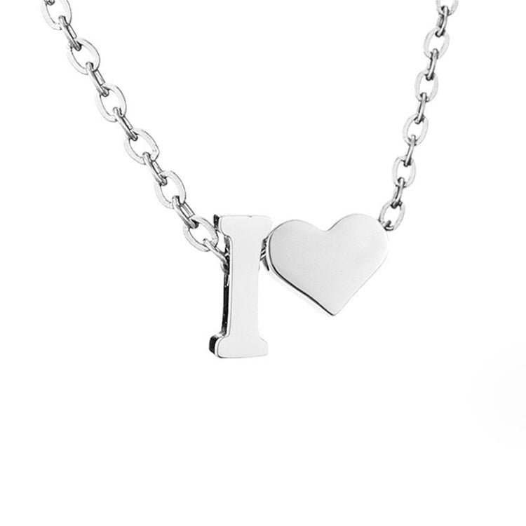 Forever Love & Letter Silver Necklace, close-up of a silver chain with an I letter charm and heart pendant