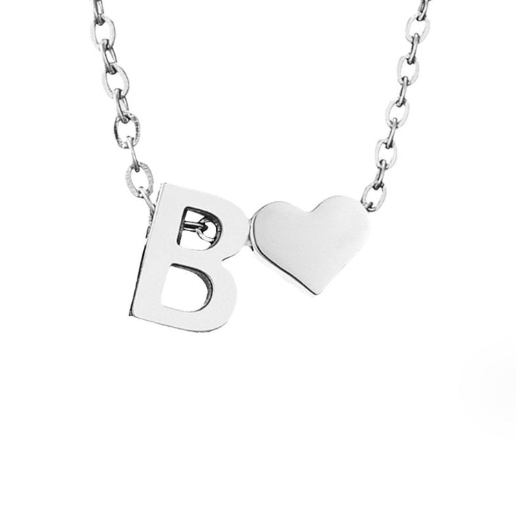 Forever Love & Letter Silver Necklace, close-up of a silver letter B and heart pendant on chain