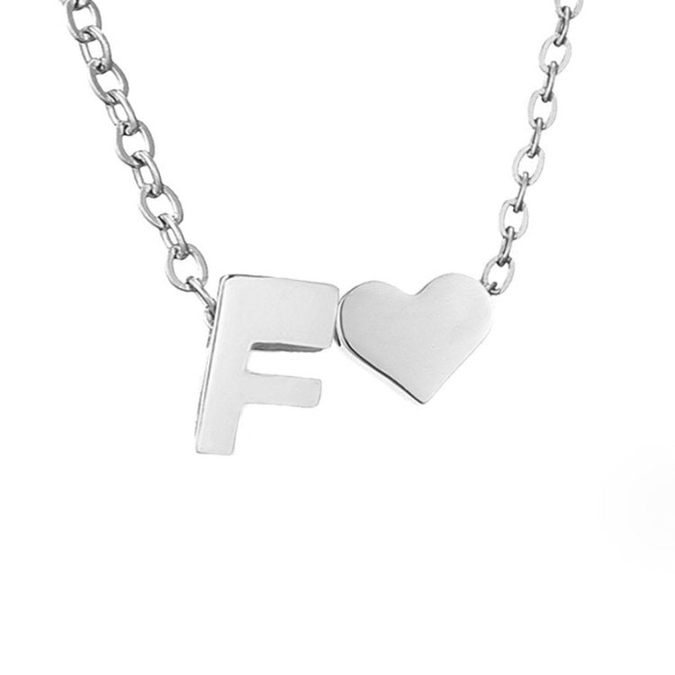 Forever Love & Letter Silver Necklace, close-up of silver chain with letter F and heart pendant