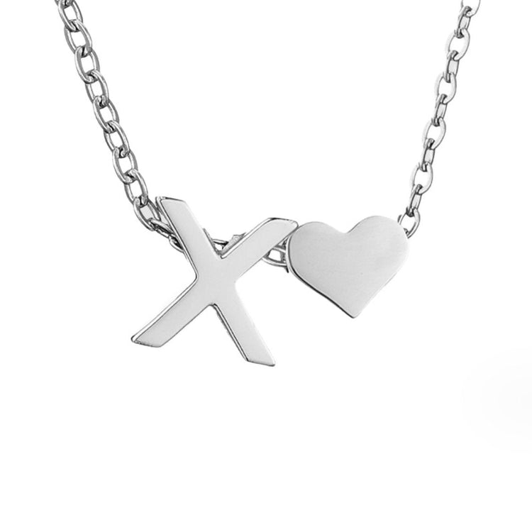 Forever Love & Letter Silver Necklace, close-up of polished silver letter X and heart pendant on chain