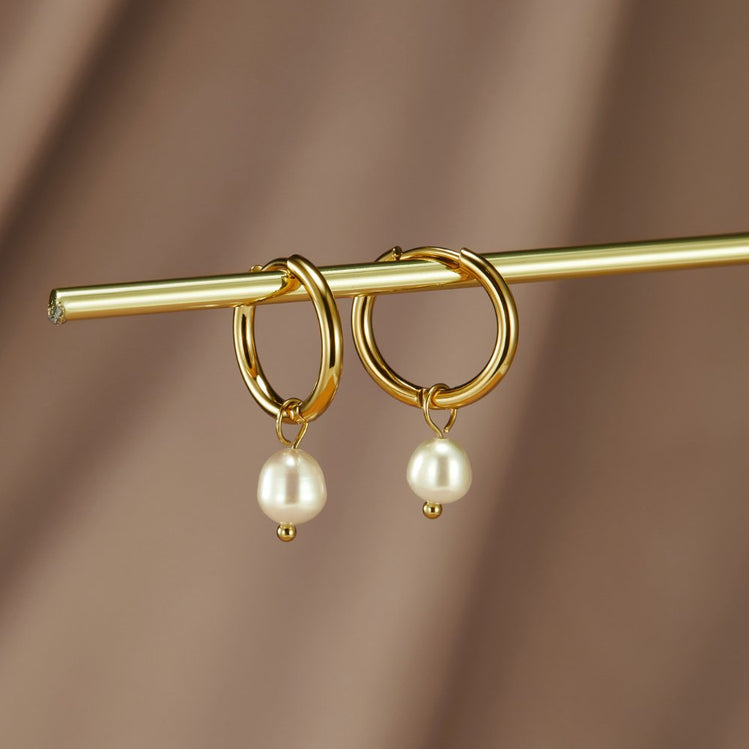 Freshwater Pearl Bella Hoop Earrings, pair of gold hoops with pearl drops, hung on a gold rod