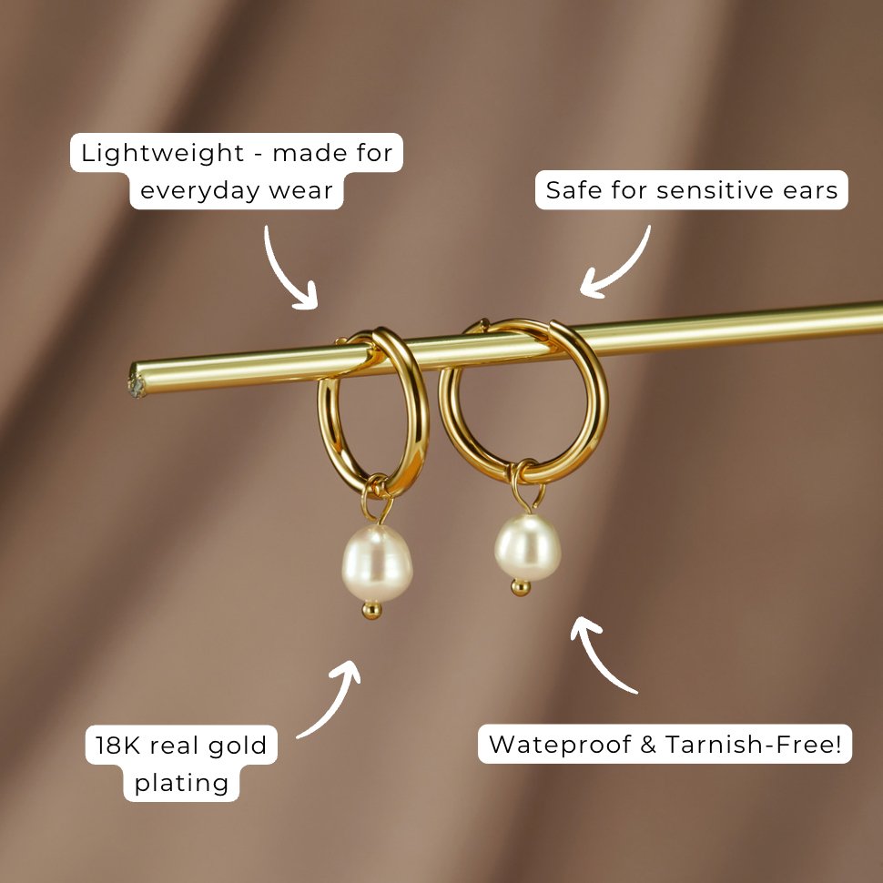 Freshwater Pearl Bella Hoop Earrings, two gold hoop earrings with pearl drops hung on a gold rod