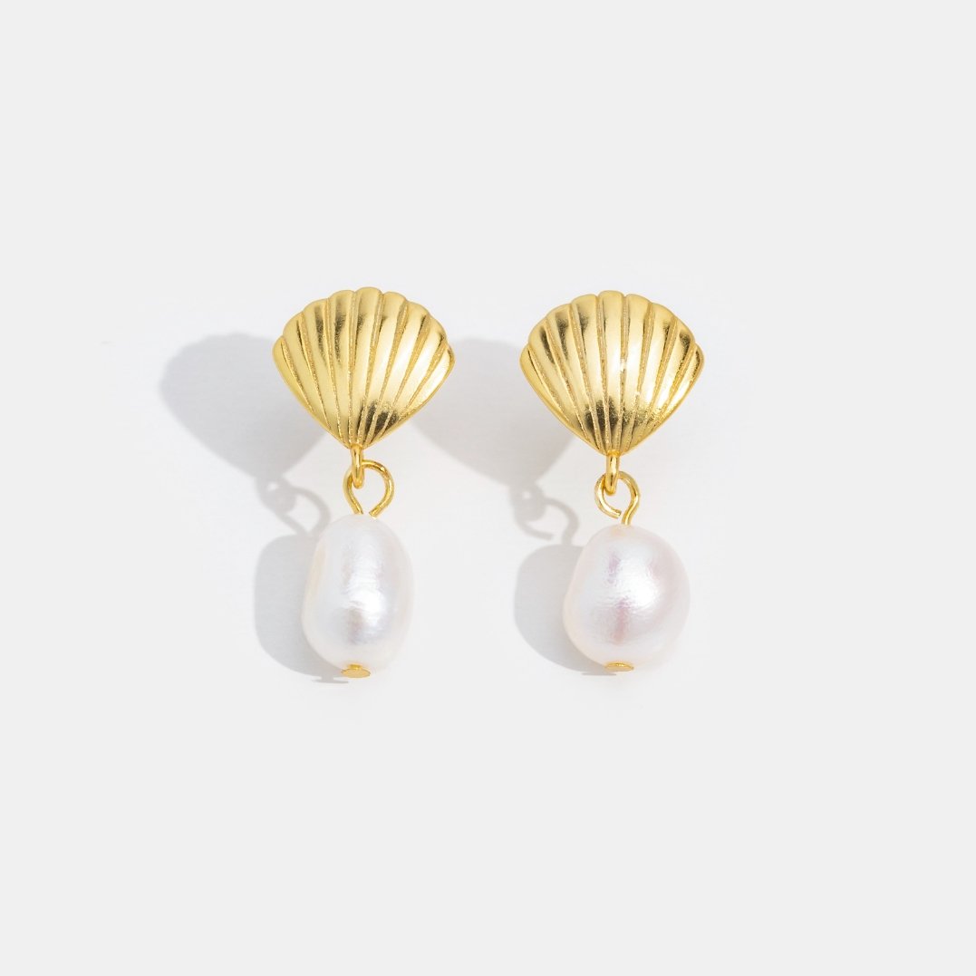 Freshwater Pearl & Gold Shell Earrings, pair of gold ridged shell earrings with hanging