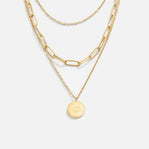 Geya Coin Layered Necklace, three gold chains layered, with a round engraved coin pendant