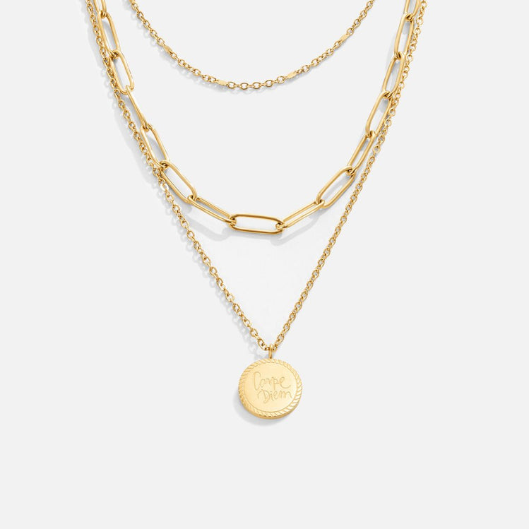 Geya Coin Layered Necklace, three gold chains layered, with a round engraved coin pendant