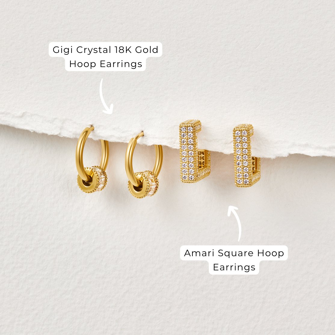 Gigi Crystal 18K Gold Hoop Earrings, two pairs of gold hoops with crystal rings, plus square