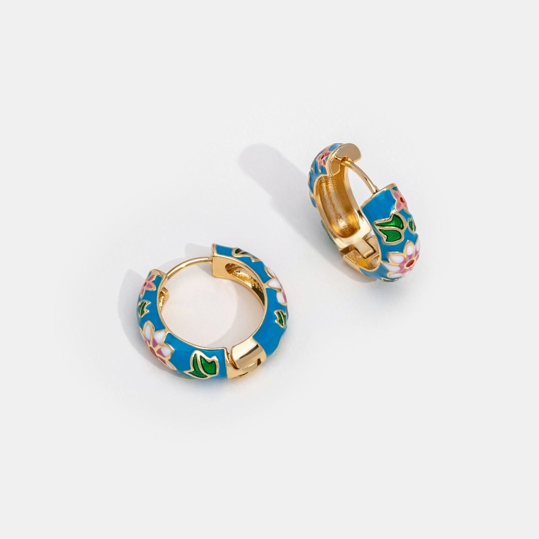 Gold Hoop Flower Earrings, pair of blue enamel hoops with gold edges, flower motifs