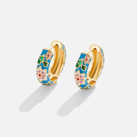 Gold Hoop Flower Earrings, pair of hoop earrings on white, blue enamel with pink and white flowers