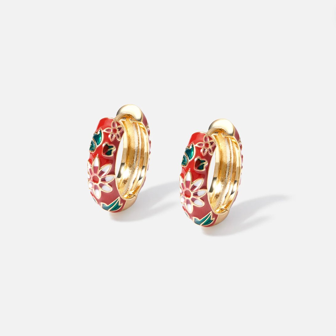 Gold Hoop Flower Earrings, pair of hoop earrings on white background, red enamel with white