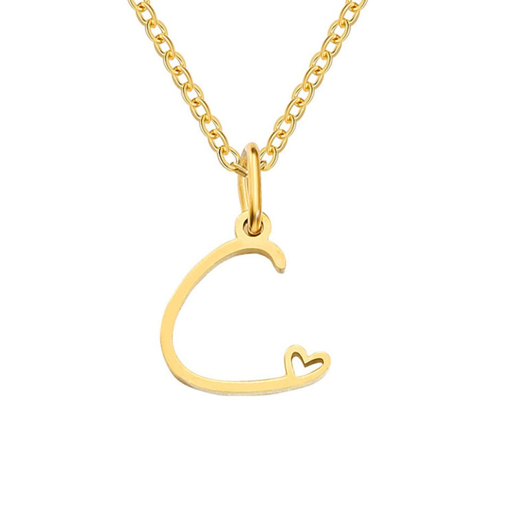 Gold Letter Heart Necklace, gold letter C pendant with a small heart cut-out on a fine chain