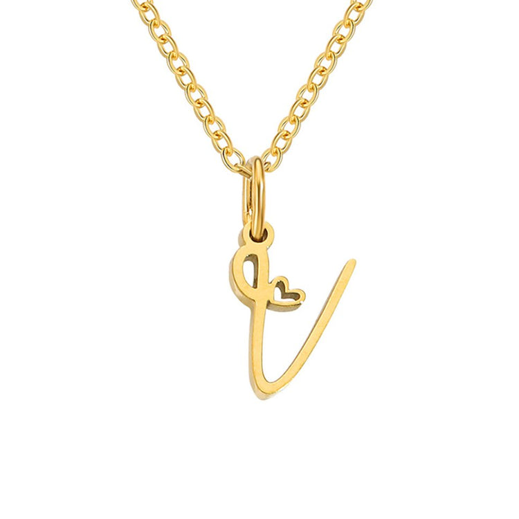 Gold Letter Heart Necklace, gold script letter pendant with small heart on a fine chain