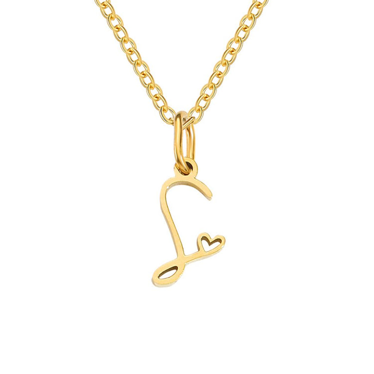 Gold Letter Heart Necklace, gold script letter pendant with small heart cutout on chain