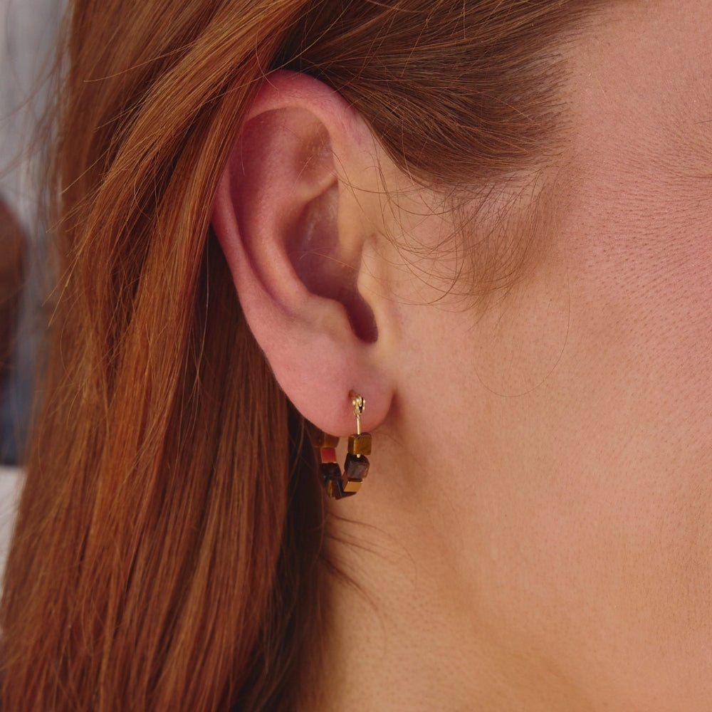 Gold Tiger Eye Cube Hoop Earrings - Beautiful Earth Boutique