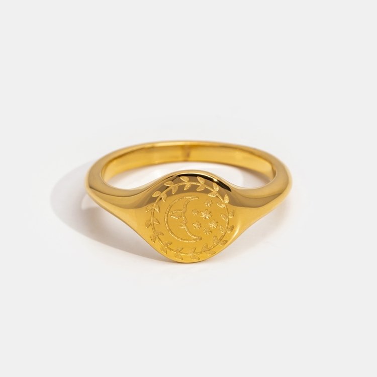 Golden Luna Ring, gold signet ring with engraved moon, stars and leaf wreath