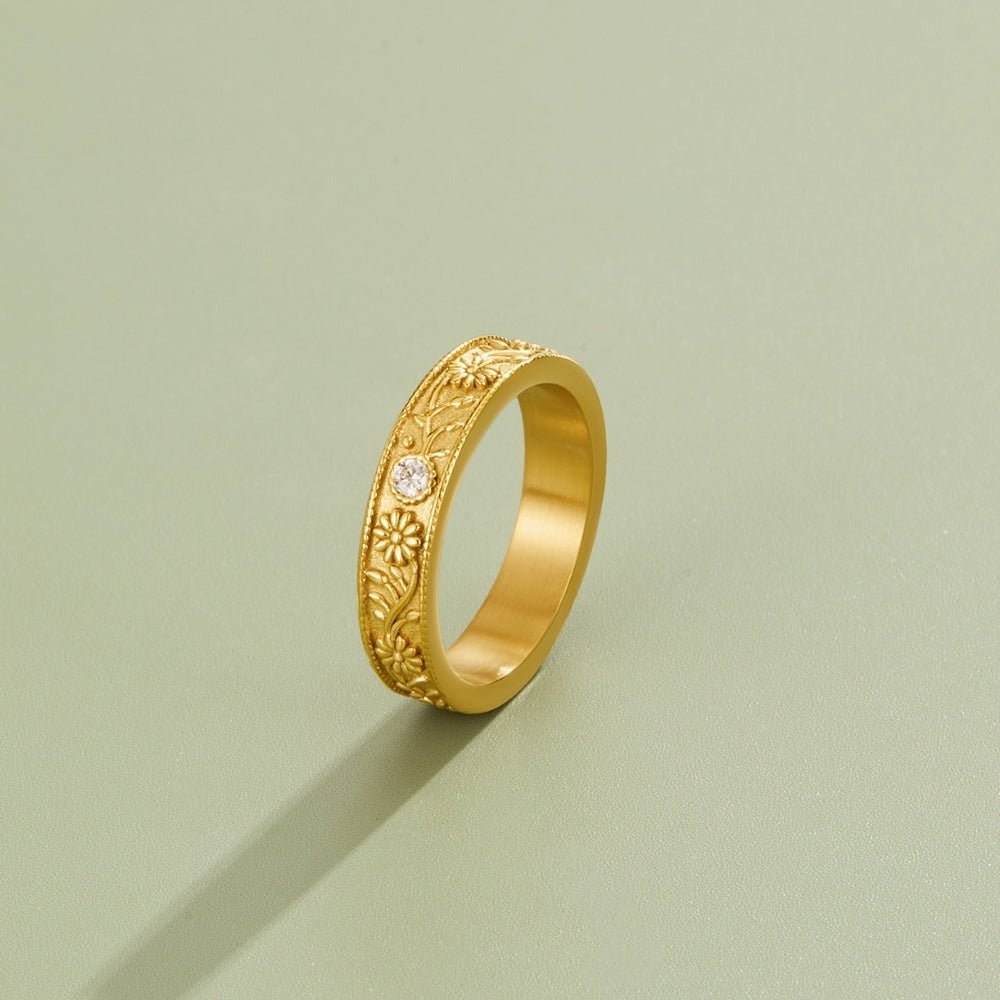 Golden Sculpted Flower Band Ring - Beautiful Earth Boutique