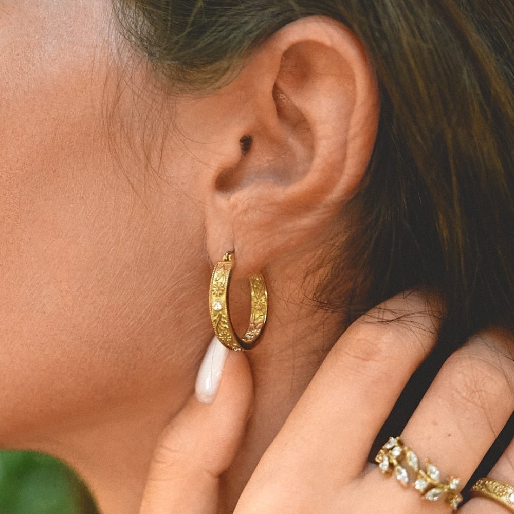 Golden Sculpted Flower Hoop Earrings - Beautiful Earth Boutique