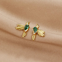 Hummingbird Stud Earrings, pair of gold hummingbird earrings with green pear-cut stones on satin