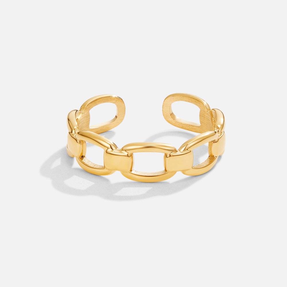 Isabella Chain Ring, open band of linked gold chain links on white background