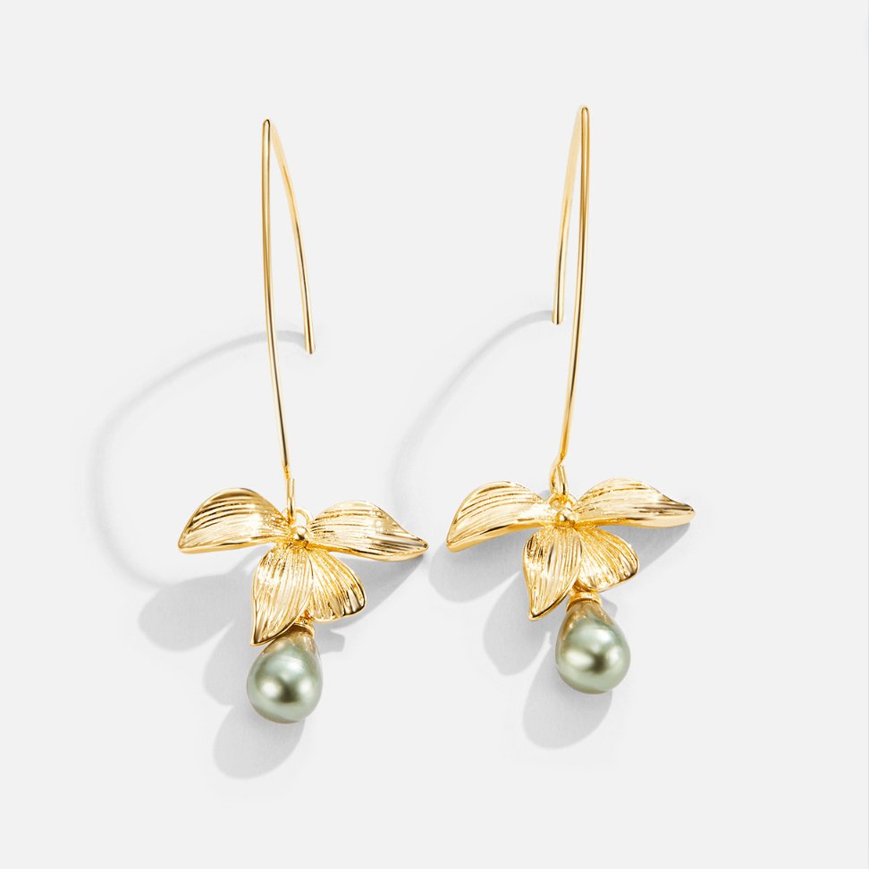 Jade Pearl & Petal Drop Earrings, pair of gold flower earrings with green pearl drops on white