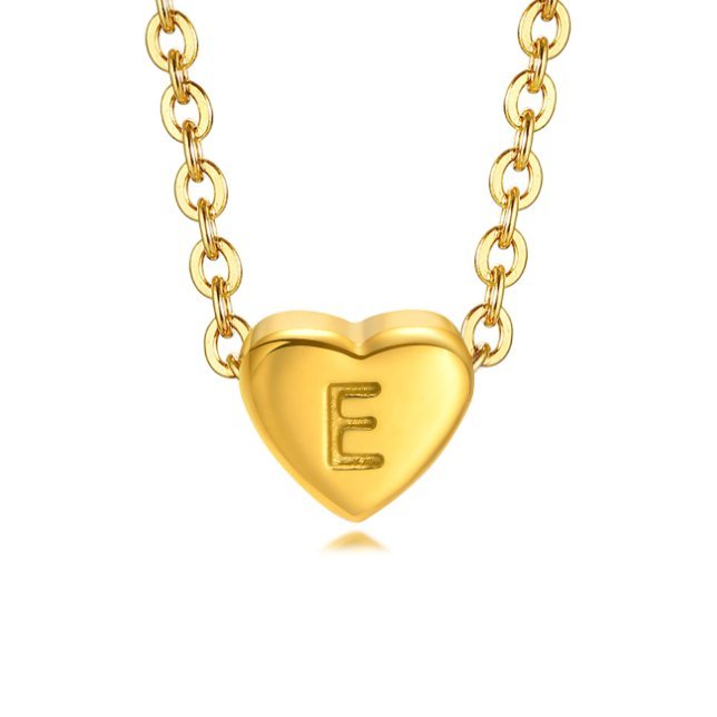 Letter Heart Bracelet, close-up of a gold heart pendant with the letter E