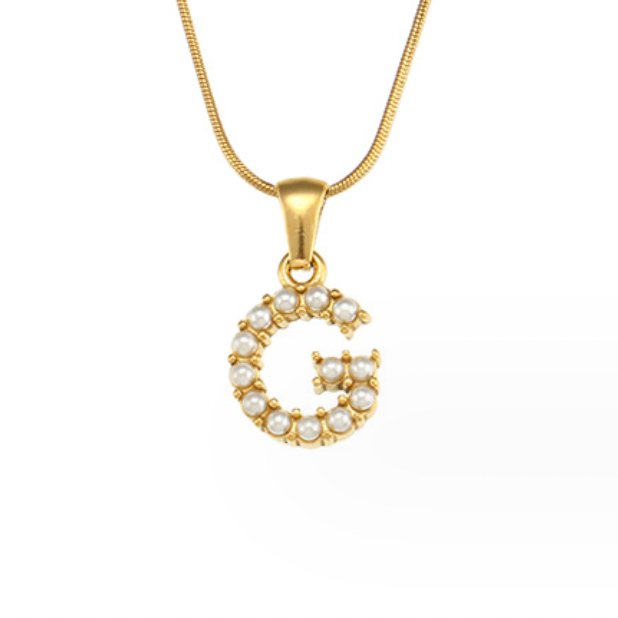 Letter Pearl Charm Necklace, gold letter G pendant set with small pearls on a gold chain