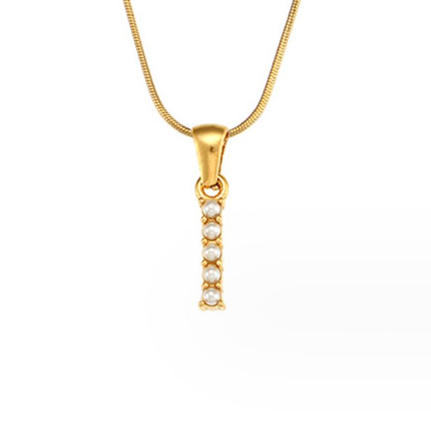 Letter Pearl Charm Necklace, gold snake chain with a bar pendant of five white pearls