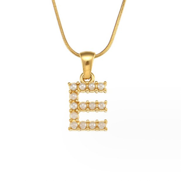 Letter Pearl Charm Necklace, gold chain with an E-shaped pendant set with small pearls