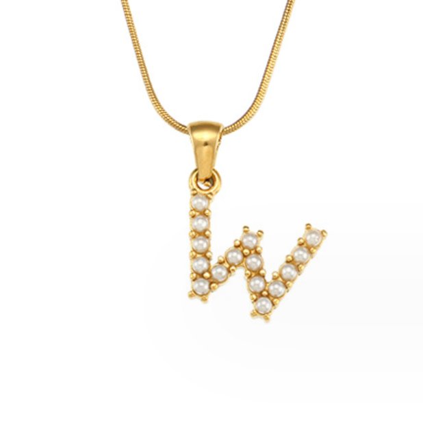Letter Pearl Charm Necklace, gold letter W pendant set with small pearls on a gold snake chain