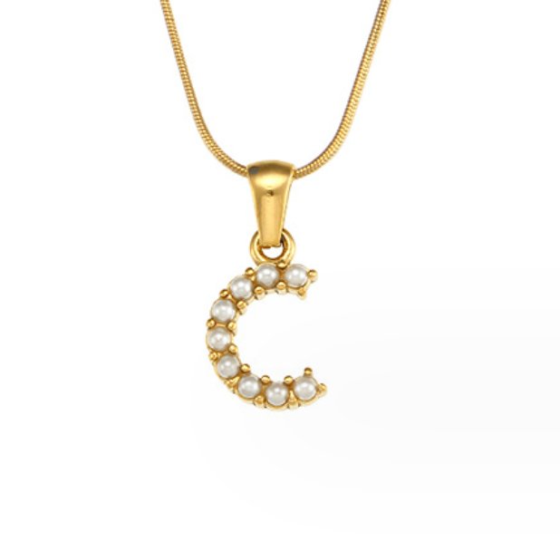 Letter Pearl Charm Necklace, gold snake-chain necklace with a letter C pendant set with small pearls