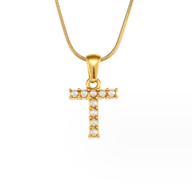 Letter Pearl Charm Necklace, gold letter T pendant set with small pearls on a gold snake chain