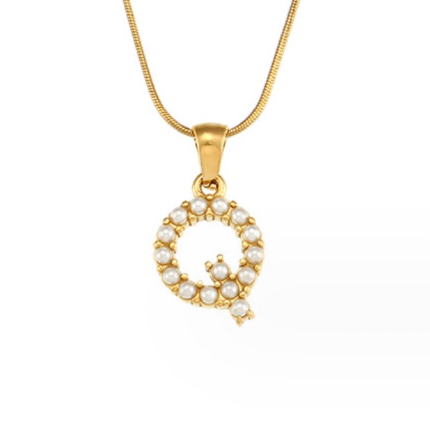 Letter Pearl Charm Necklace, gold snake-chain necklace with a pearl-set letter Q pendant