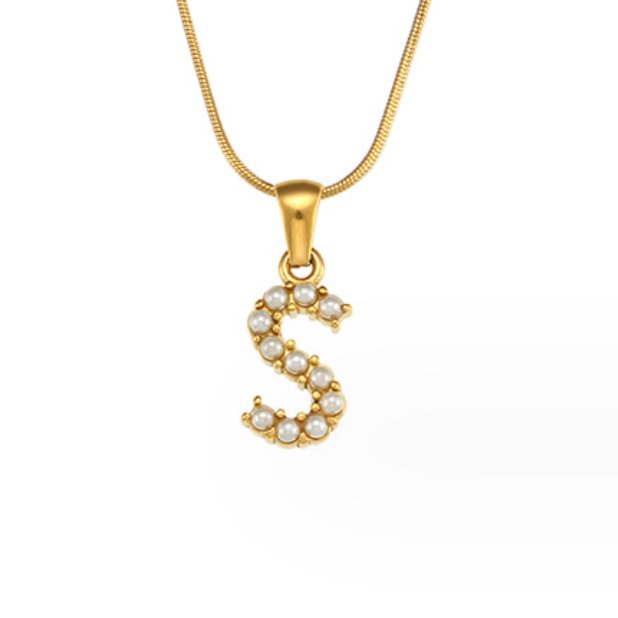 Letter Pearl Charm Necklace, gold snake chain with an S-shaped pendant set with pearls