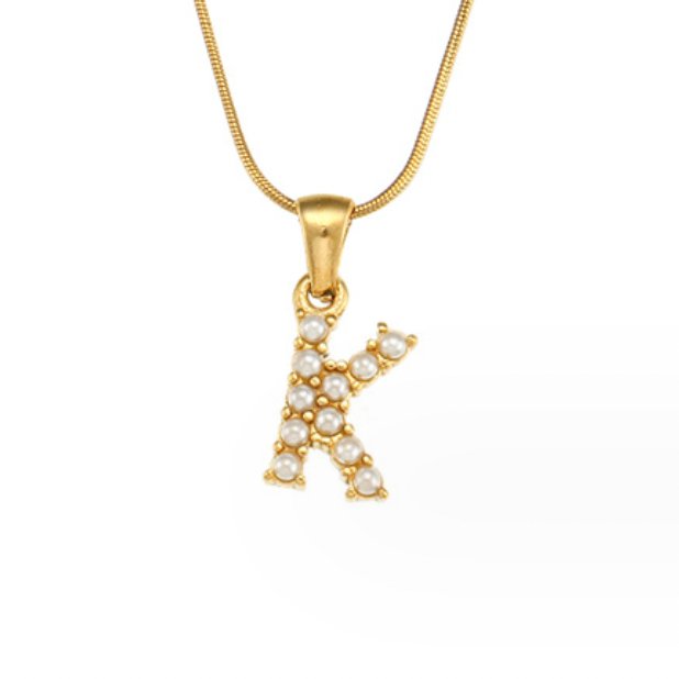 Letter Pearl Charm Necklace, gold letter K pendant studded with small pearls on a gold snake chain