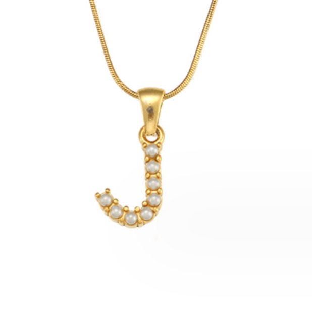 Letter Pearl Charm Necklace, gold letter J pendant set with small pearls on a gold snake chain
