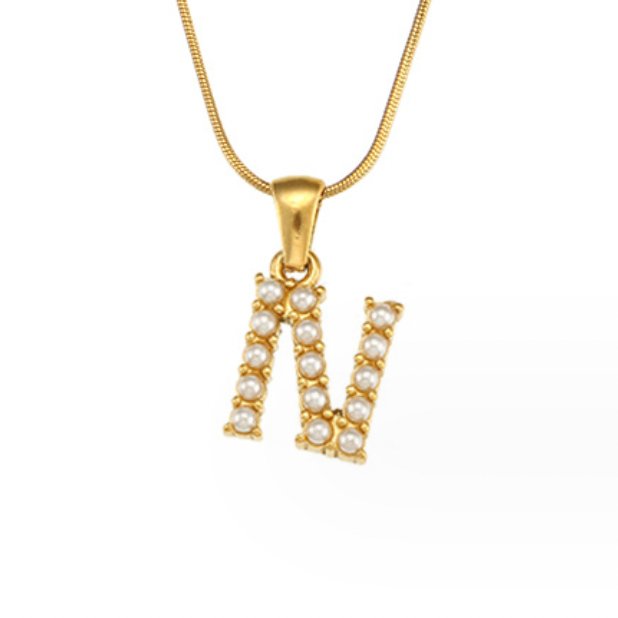 Letter Pearl Charm Necklace, gold snake chain with pearl-set letter N pendant on white