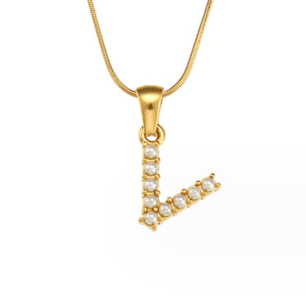 Letter Pearl Charm Necklace, gold chain pendant with a V-shaped letter set with small pearls