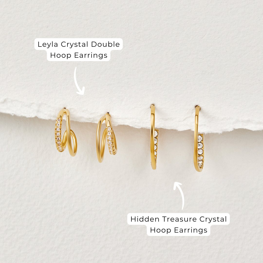Leyla Crystal Double Hoop Earrings, four gold hoop earrings in a row on textured white paper