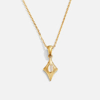 Luna White Opal Gold Necklace, gold necklace on white background, diamond-shaped pendant with