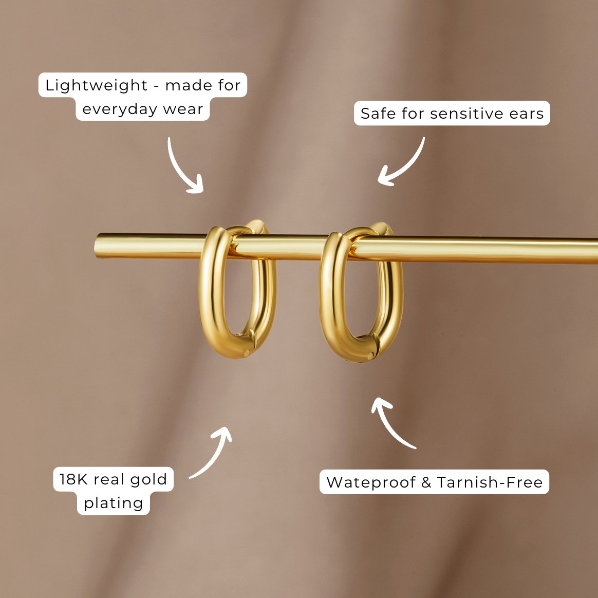 Madison Gold Hoop Earrings, two gold oval hoop earrings on a gold rod, with text callouts