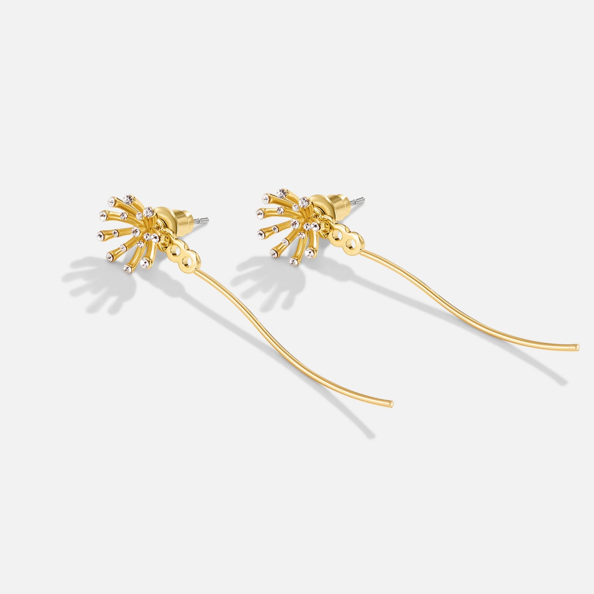 Make A Wish Dandelion 18K Gold Earrings, pair of gold drop earrings on a plain light background
