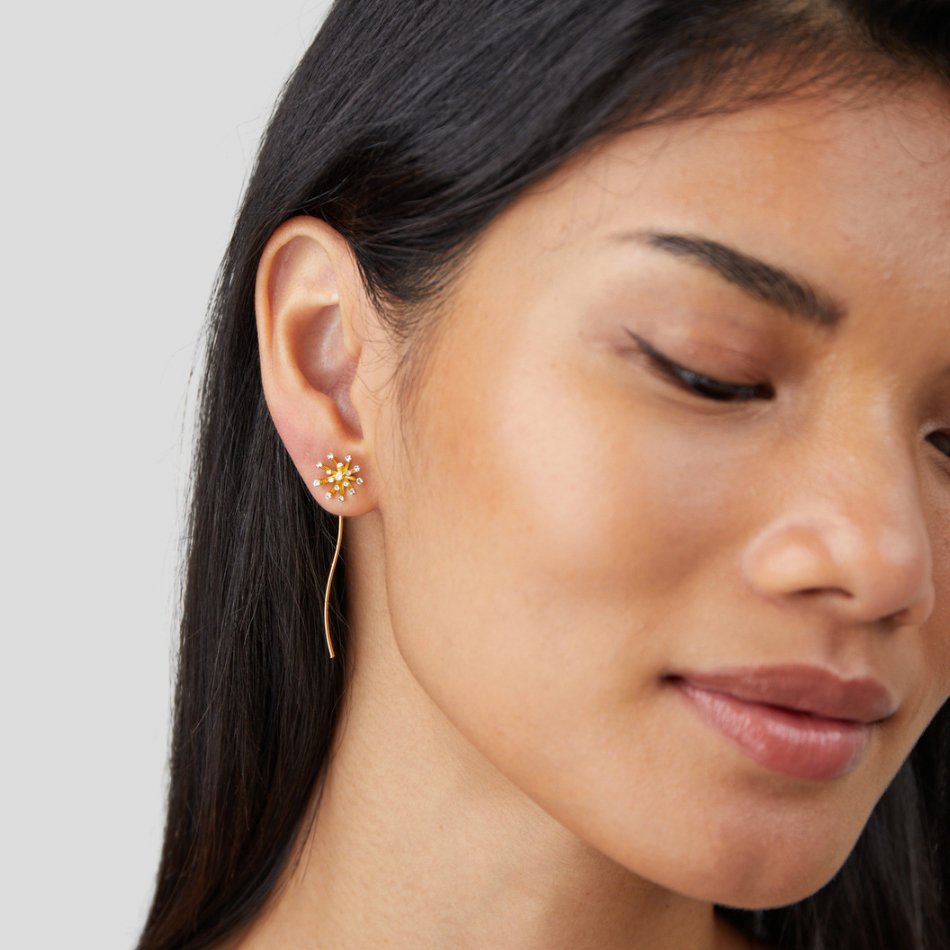 Make A Wish Dandelion 18K Gold Earrings, worn on an ear, close-up of a woman's profile, gold