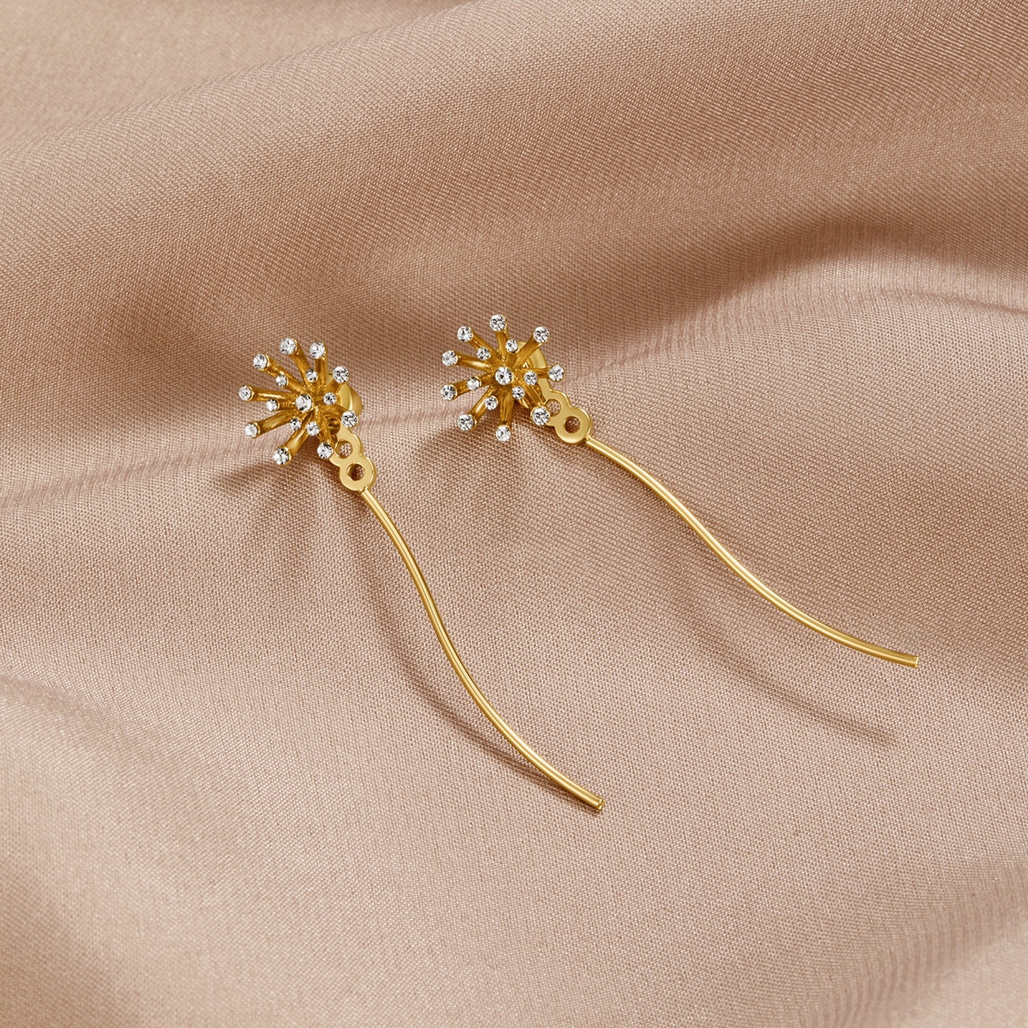 Make A Wish Dandelion 18K Gold Earrings, a pair of gold dandelion earrings with clear stones
