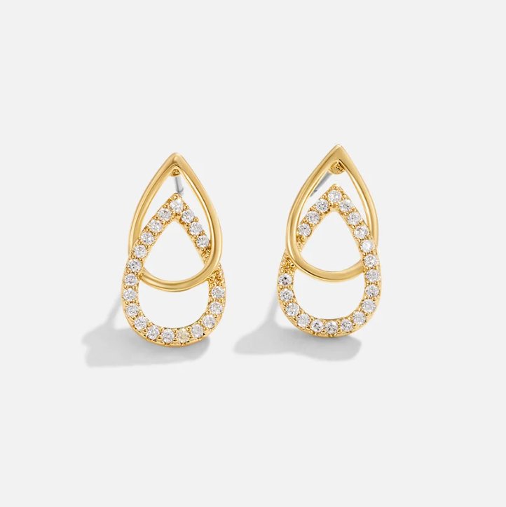 Mara Teardrop Link Earrings, a pair of earrings laid flat, gold with clear stones