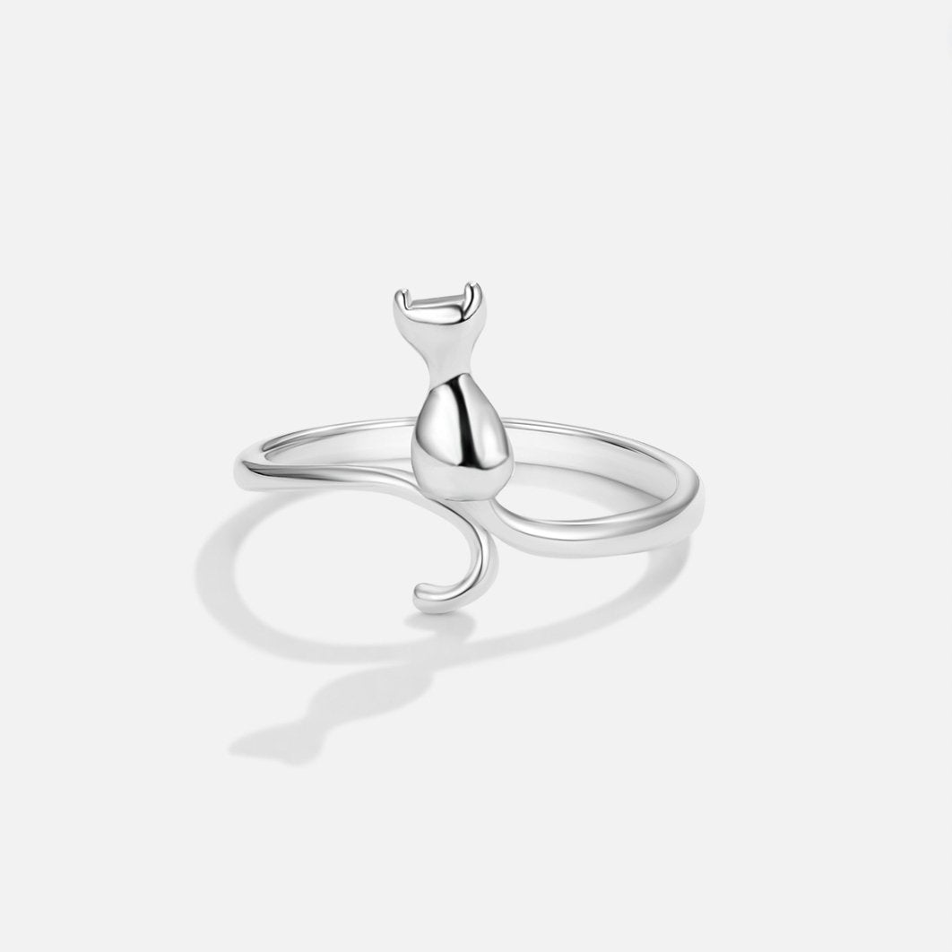 Midnight Cat Silver Ring, silver ring with a sitting cat shape on a white background