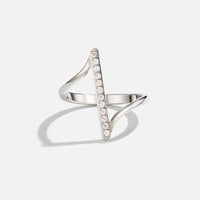 Mila Twisted Silver Ring, standing ring on white background, diagonal bar set with small stones