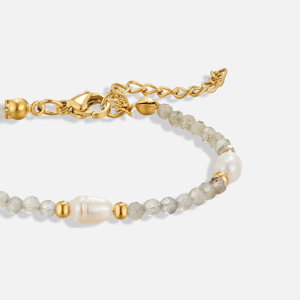 Moonstone & Pearl Bead Bracelet, close-up of beaded bracelet with pearls and gold clasp