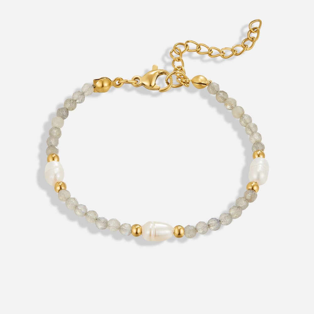 Moonstone & Pearl Bead Bracelet, flat-lay of beaded bracelet with gold clasp and extender chain