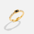Onyx Black Crystal Ring, gold ring with black baguette stone and small clear stones on band