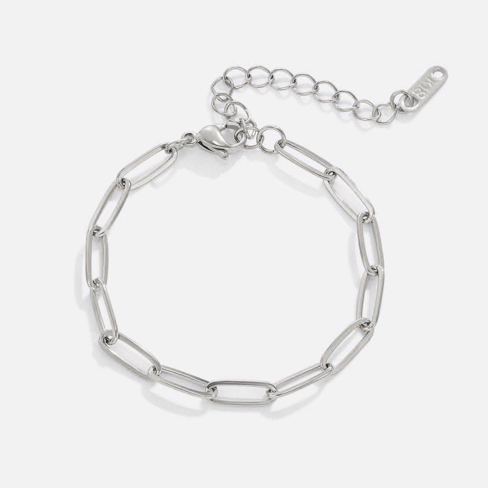 Paperclip Silver Bracelet, flat lay of a silver chain bracelet with lobster clasp and extender