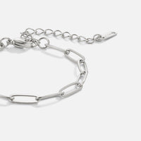 Paperclip Silver Bracelet, close-up of elongated silver links with lobster clasp and extender chain